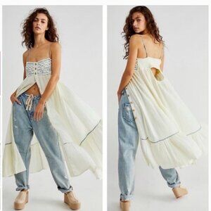 Free People Linda Jo Midi Dress Sz S Gardenia Pockets Gauze Embroidered NEW $148